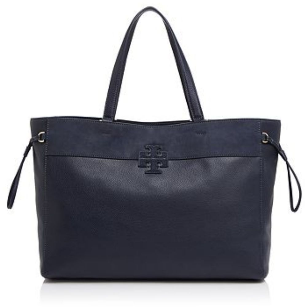 Tory Burch Stacked T Mixed Media Suede Leather Navy Tote Bag